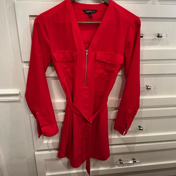Express Vibrant Red Zip-Up belted dress with adjustable sleeves - Picture 2 of 7